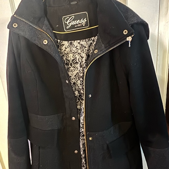 Guess Black Hooded Pea coat. Worn but good condition. Size L - Picture 1 of 11